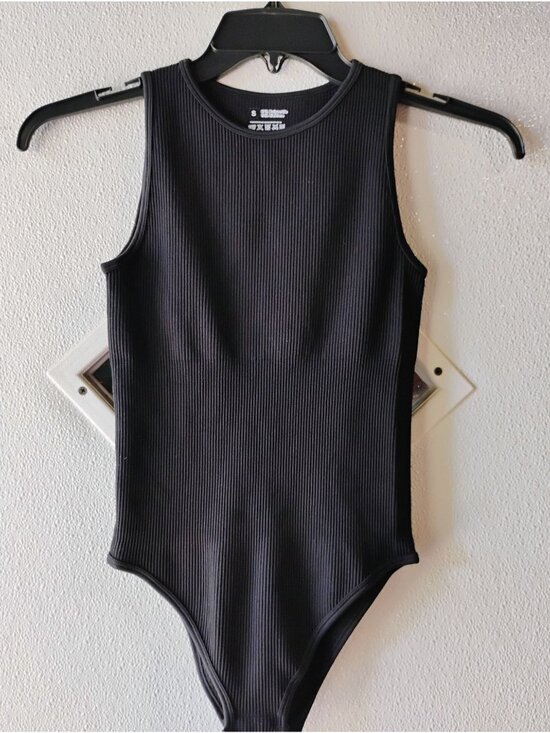 Tops - Black Ribbed Seamless Bodysuit Tank Top Stretch Fabric S